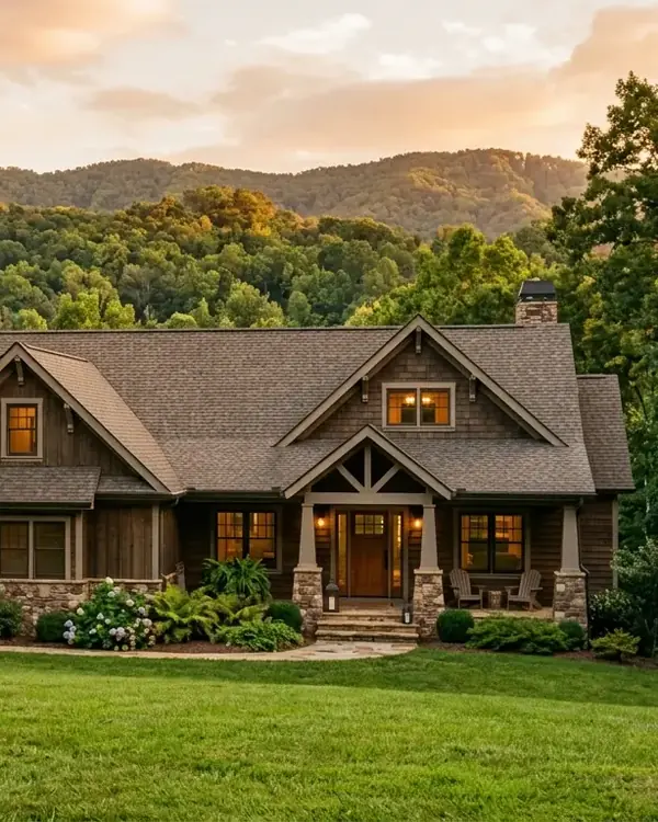 A cozy craftsman home on a green lawn, framed by forested mountain hills