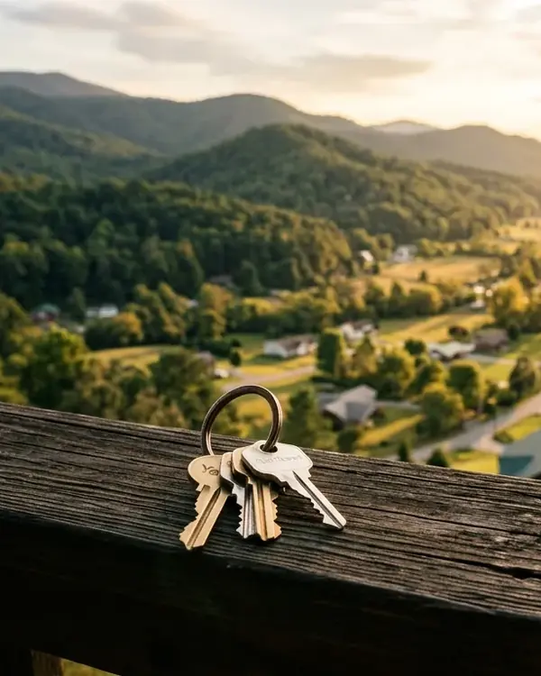 House keys resting on a wooden porch railing, overlooking a quaint residential valley framed by rolling, forested mountain ridges