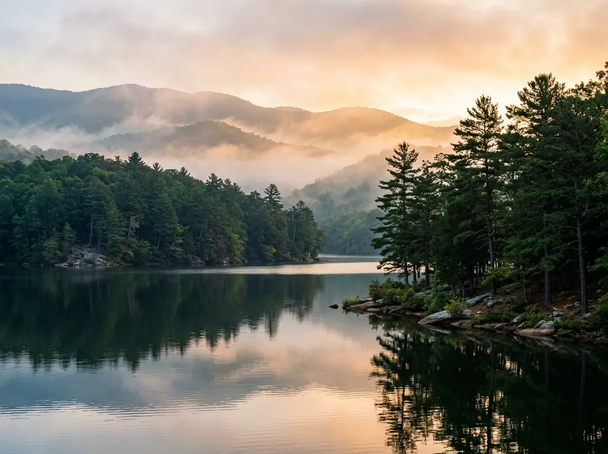 A misty mountain lake at sunrise in the North Georgia mountains