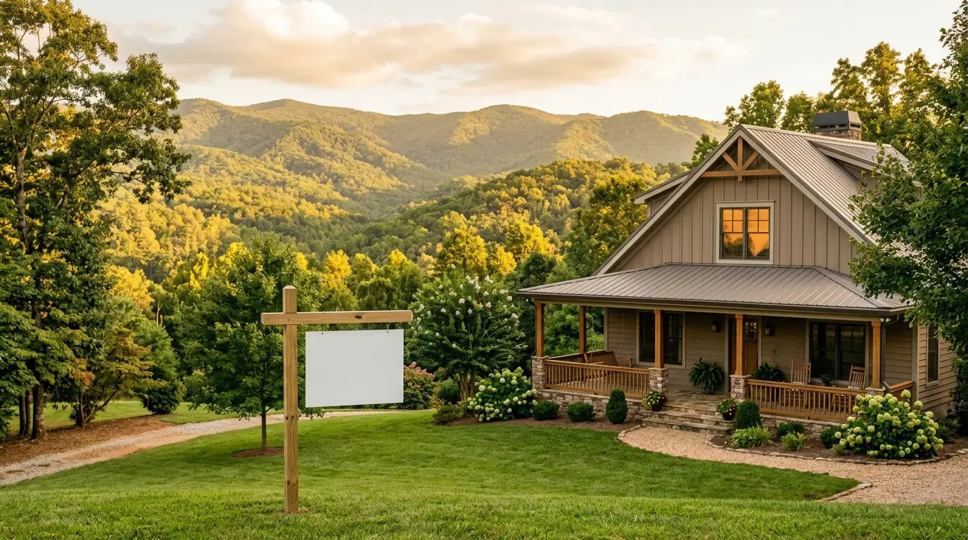 A generic real estate yard sign stands on a manicured lawn before a porch-front house, framed by rolling, forested mountain hills