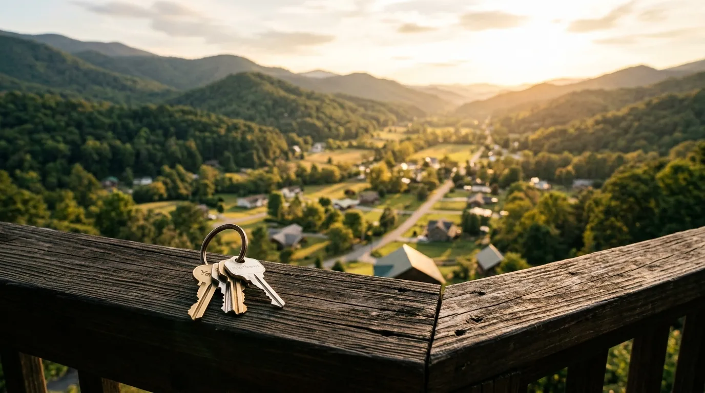 House keys resting on a wooden porch railing, overlooking a quaint residential valley framed by rolling, forested mountain ridges