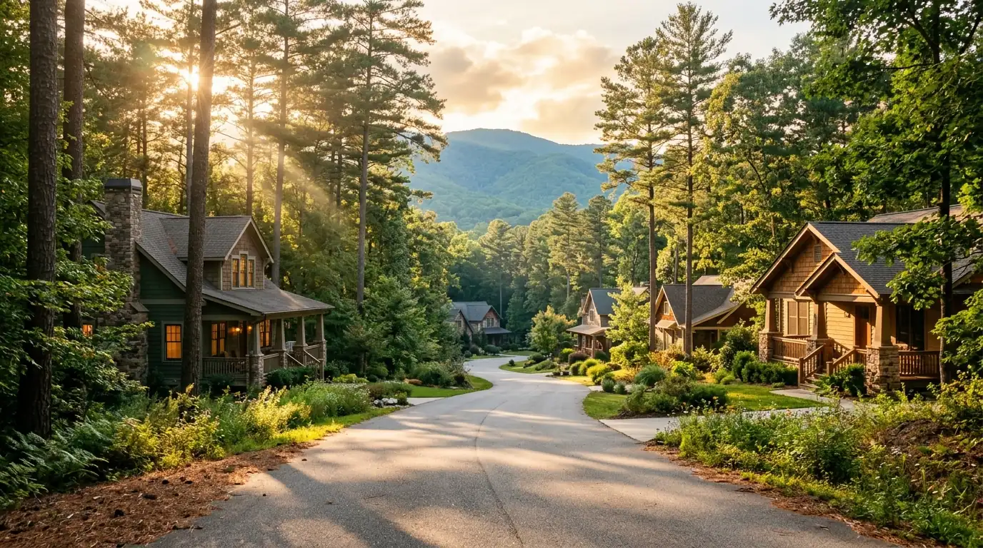 Sunbeams filter through tall pines onto a paved neighborhood street framed by craftsman-style homes and distant rolling mountain foothills