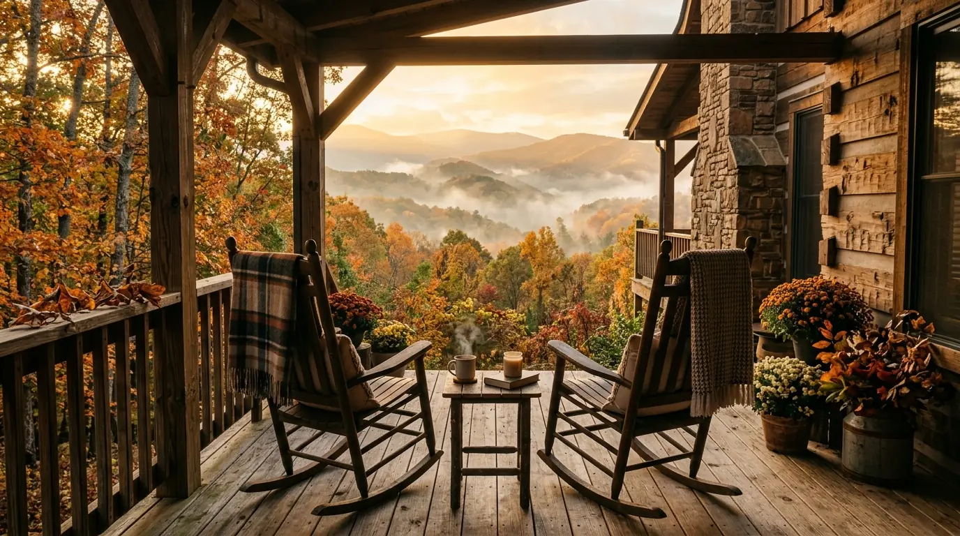 Sunlight illuminates a cozy, wooden cabin porch with rocking chairs overlooking misty, forested mountains during late autumn