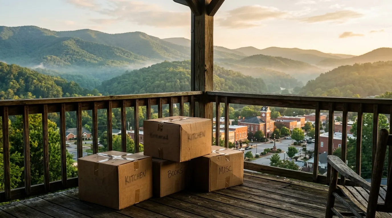 Cardboard moving boxes sit on a wooden porch, overlooking rolling, misty green mountains and a historic brick town square below