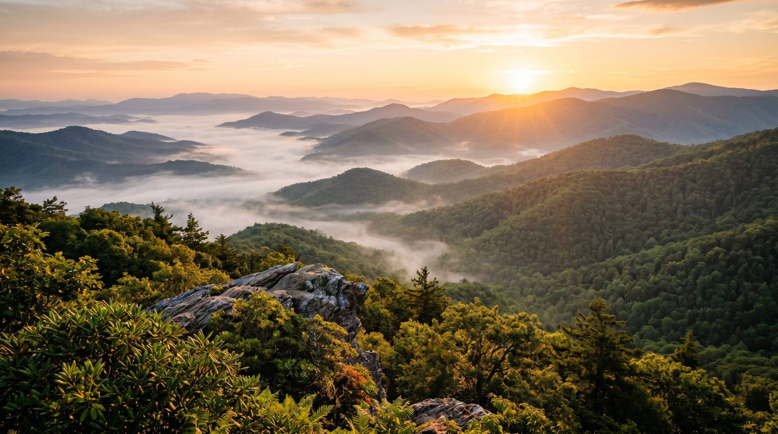 Forested Blue Ridge mountain ridgelines at golden hour in the North Georgia mountains