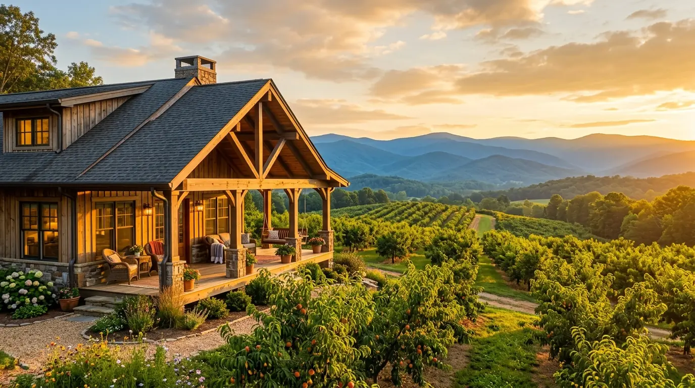 A craftsman-style home with a wide porch overlooks a sunlit peach orchard and rolling blue mountains bathed in warm, golden light
