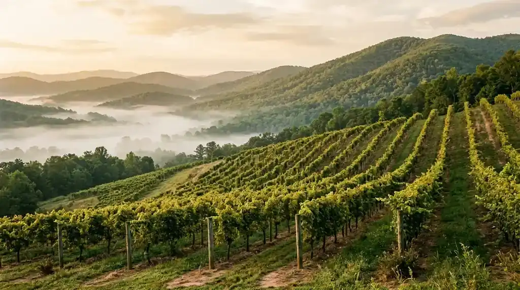 Terraced rows of grapevines on wire trellises climbing a diagonal slope, with mist filling the valley between low forested foothills at golden hour